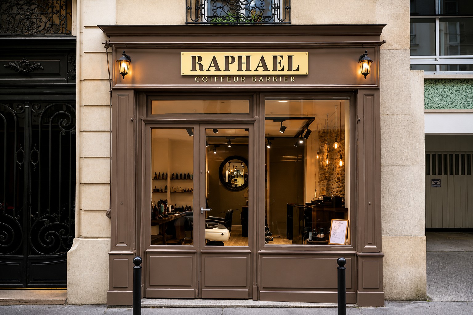 Devanture taupe du salon Raphaël Coiffeur Barbier rue de Saussure